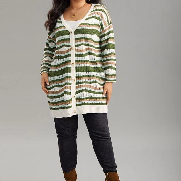 BLOOMCHIC Striped Contrast Button Up Hollow Out Cardigan Size 5X NEW - Picture 14 of 16